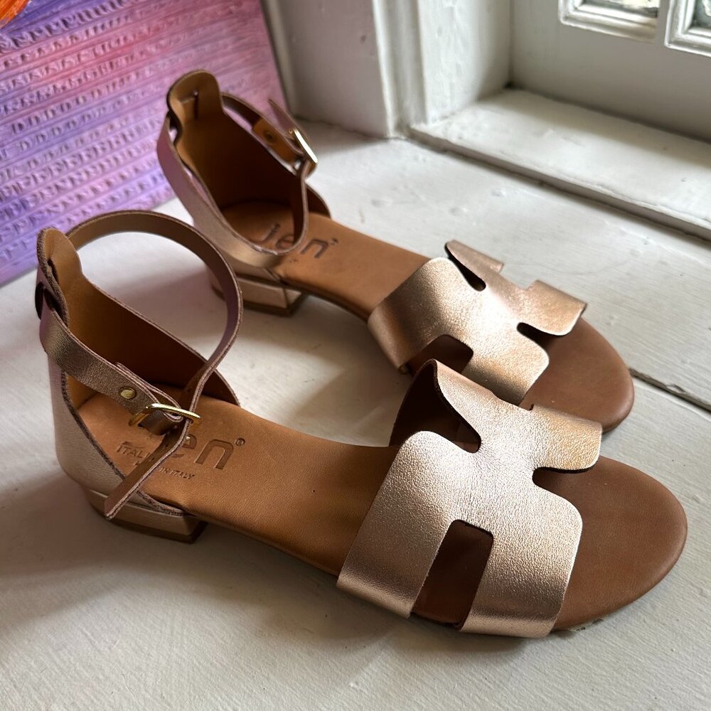 Rose Gold Italian Leather Ankle Strap Sandals